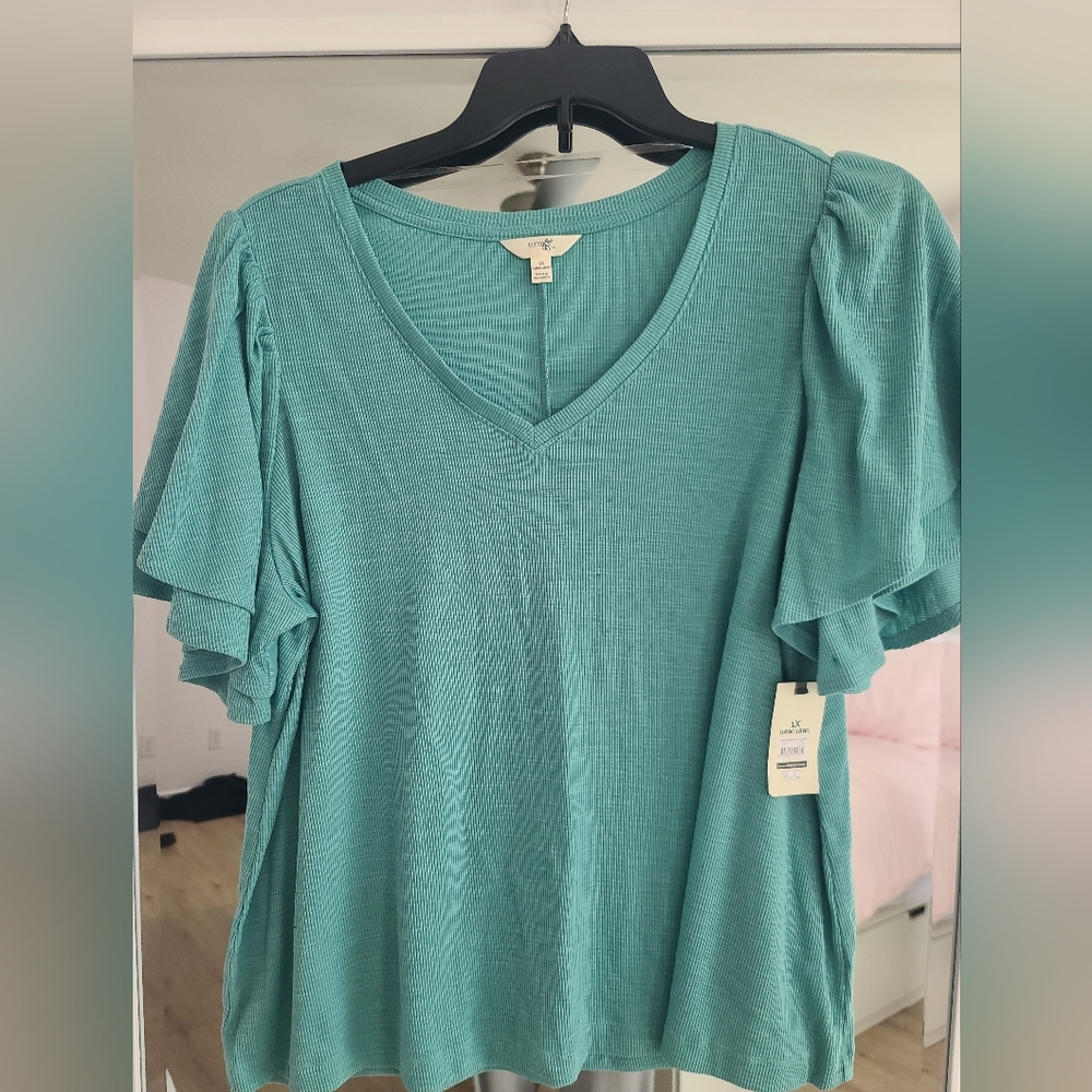 Terra & sky mint green ribbed tunic fancy sleeve top. Size 1X NWT